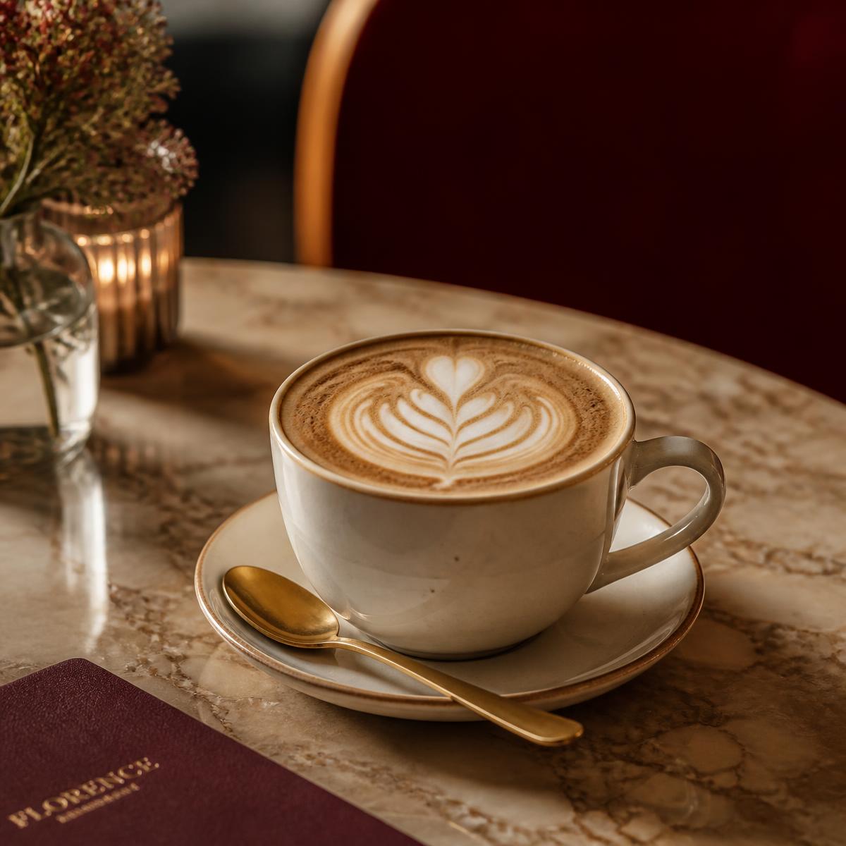 Cappuccino met latte art op een marmeren tafelblad
